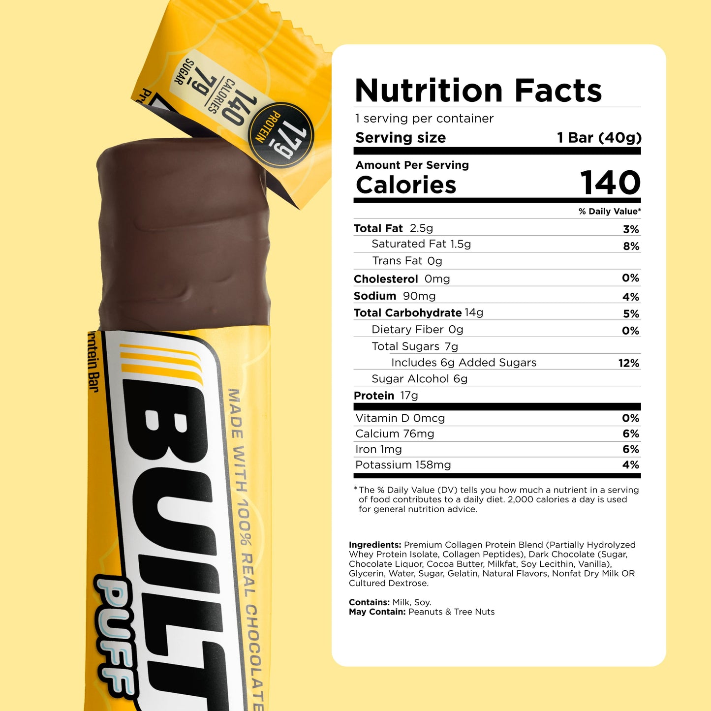 BUILT Puff Protein Bars - Banana Cream Pie - 17G Protein - Collagen - 12CT