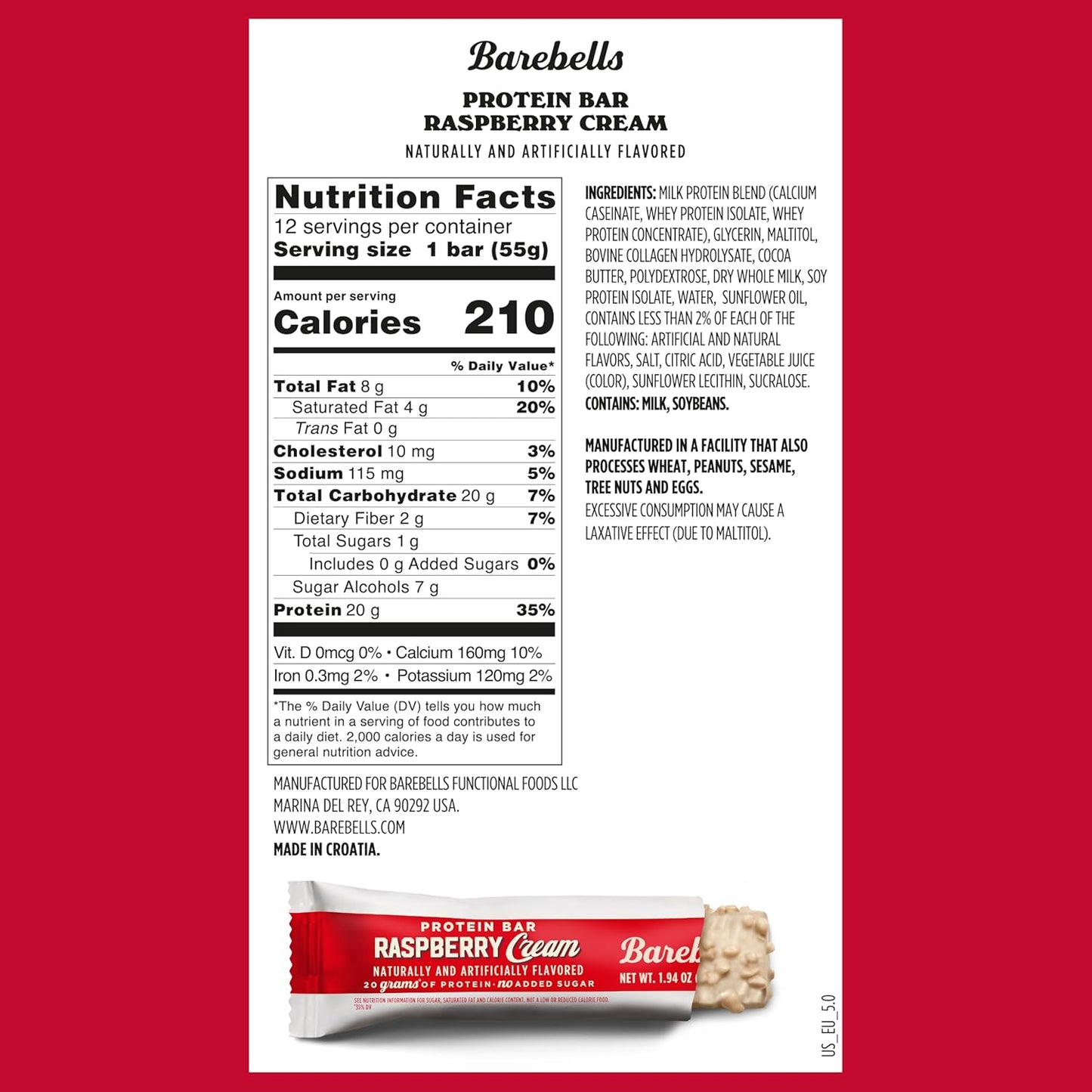 Barebells - Protein Bars - Raspberry Cream - 20G Protein - 12CT