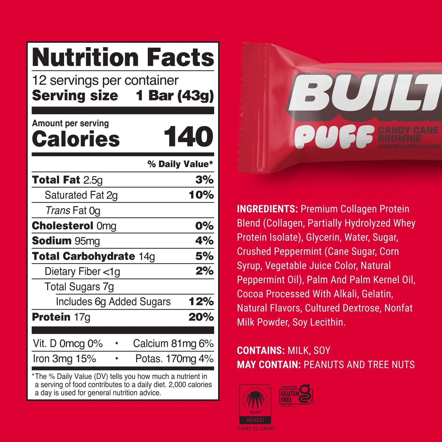 BUILT Puff Protein Bars - Candy Cane Brownie - 17G Protein - Collagen - 12CT
