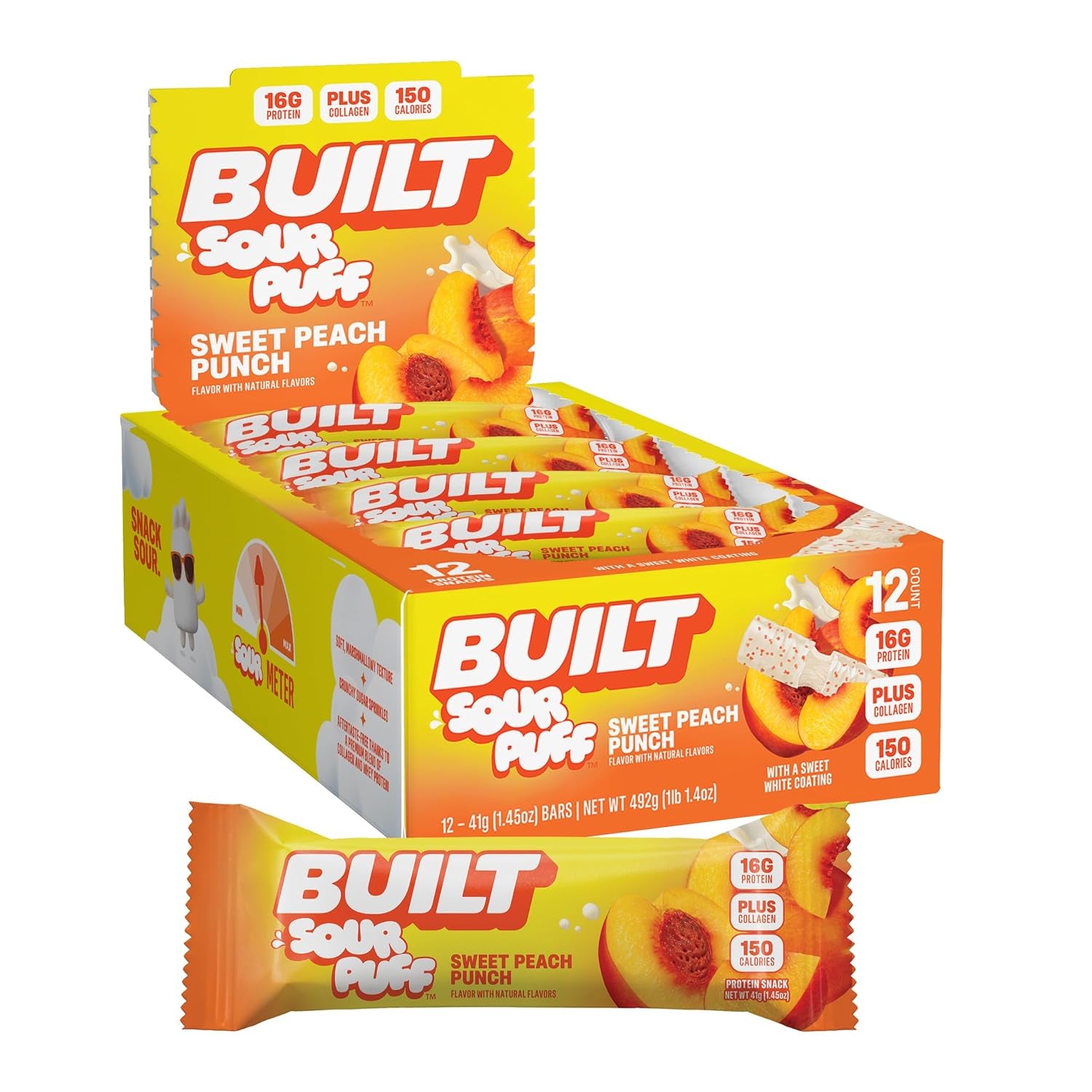 BUILT Sour Puff Protein Bars - Sweet Peach Punch - 16G Protein - Collagen -12CT