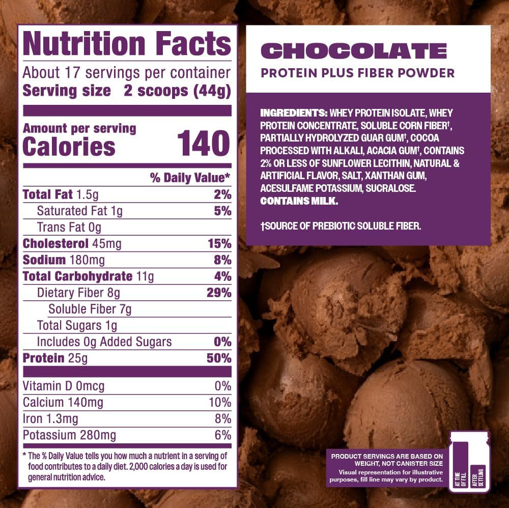 Powder plus Fiber, Chocolate, 25G Protein, 7G Fiber to Support Gut Health, No Added Sugar (17 Servings)