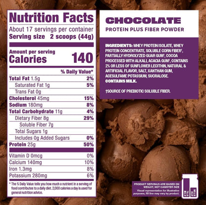 Powder plus Fiber, Chocolate, 25G Protein, 7G Fiber to Support Gut Health, No Added Sugar (17 Servings)
