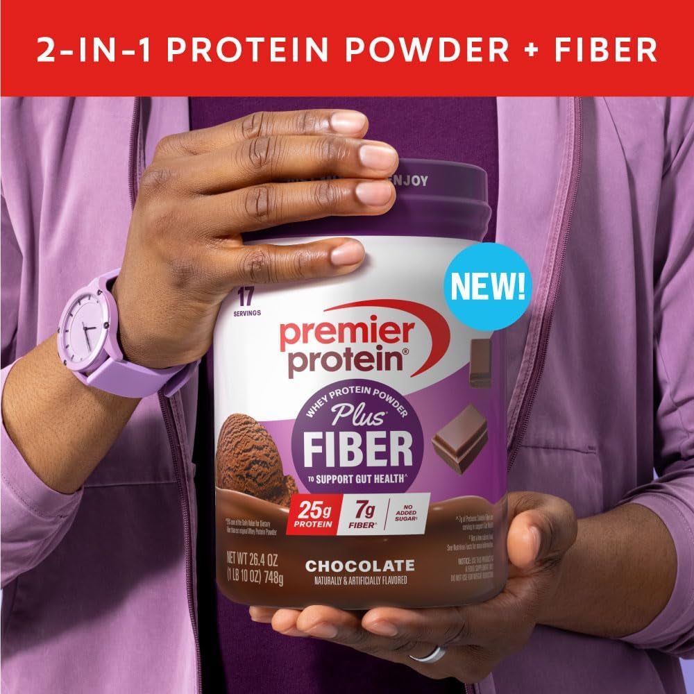 Powder plus Fiber, Chocolate, 25G Protein, 7G Fiber to Support Gut Health, No Added Sugar (17 Servings)