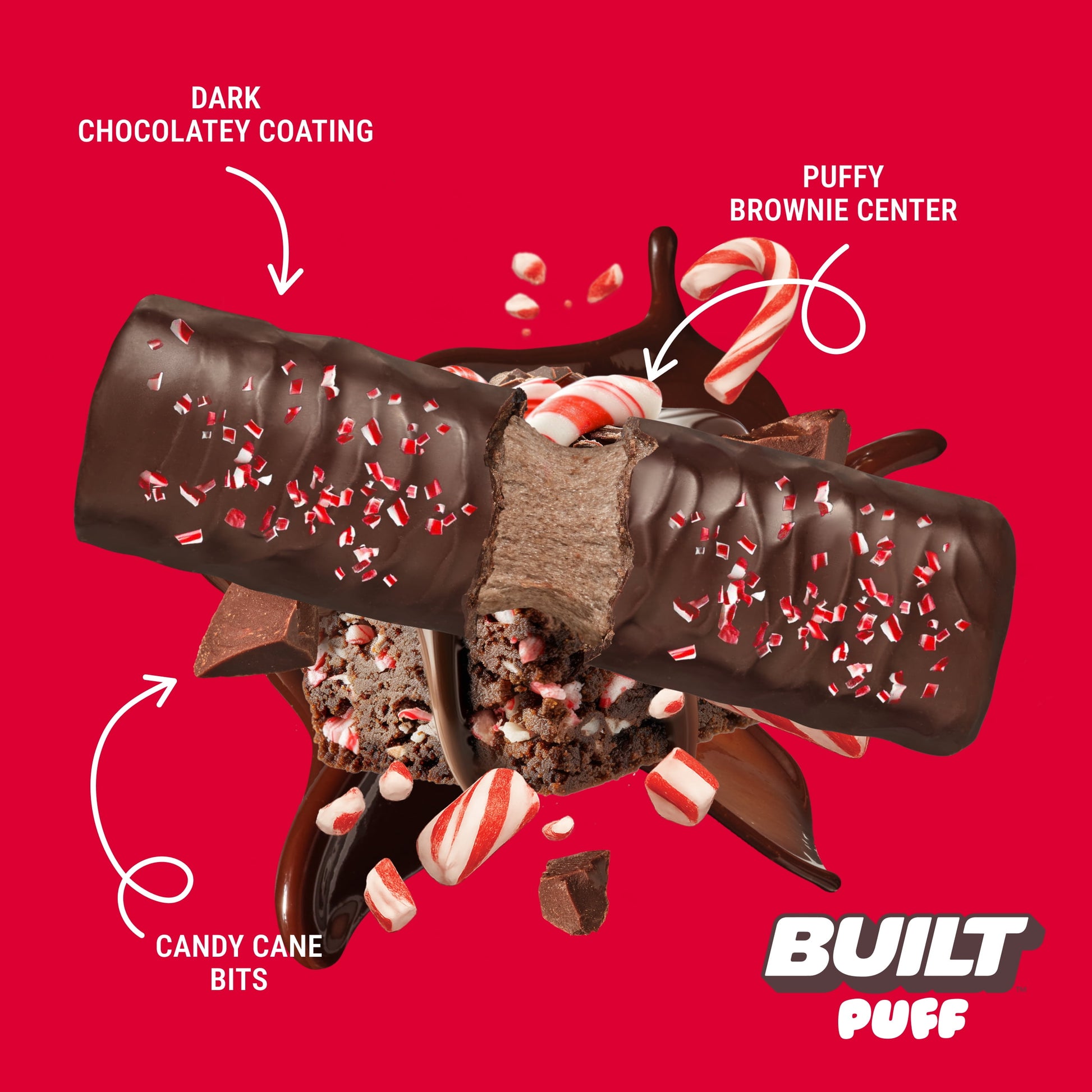 BUILT Puff Protein Bars - Candy Cane Brownie - 17G Protein - Collagen - 12CT