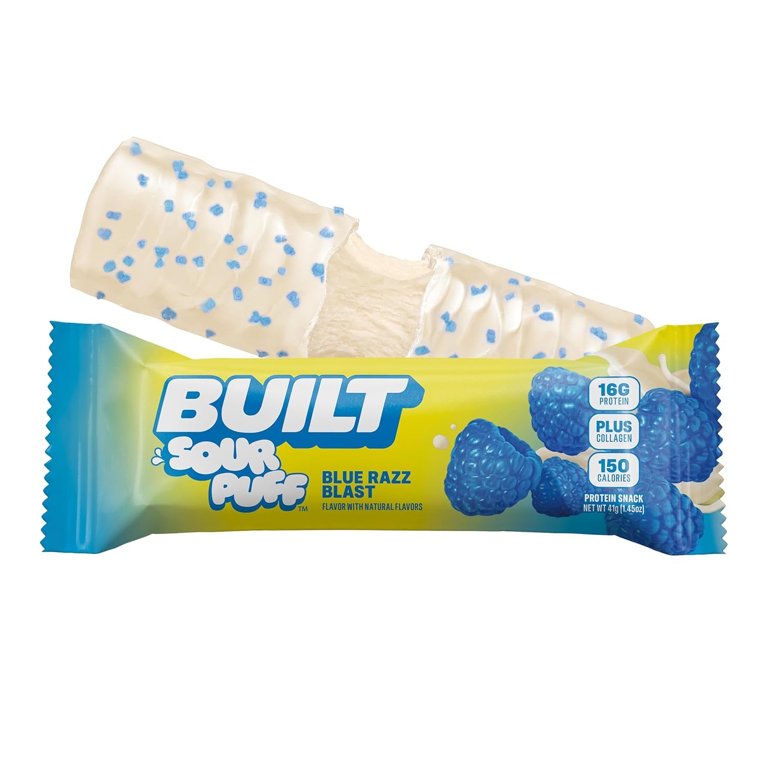 BUILT Sour Puff Protein Bars - Blue Razz Blast - 16G Protein - Collagen - 12CT