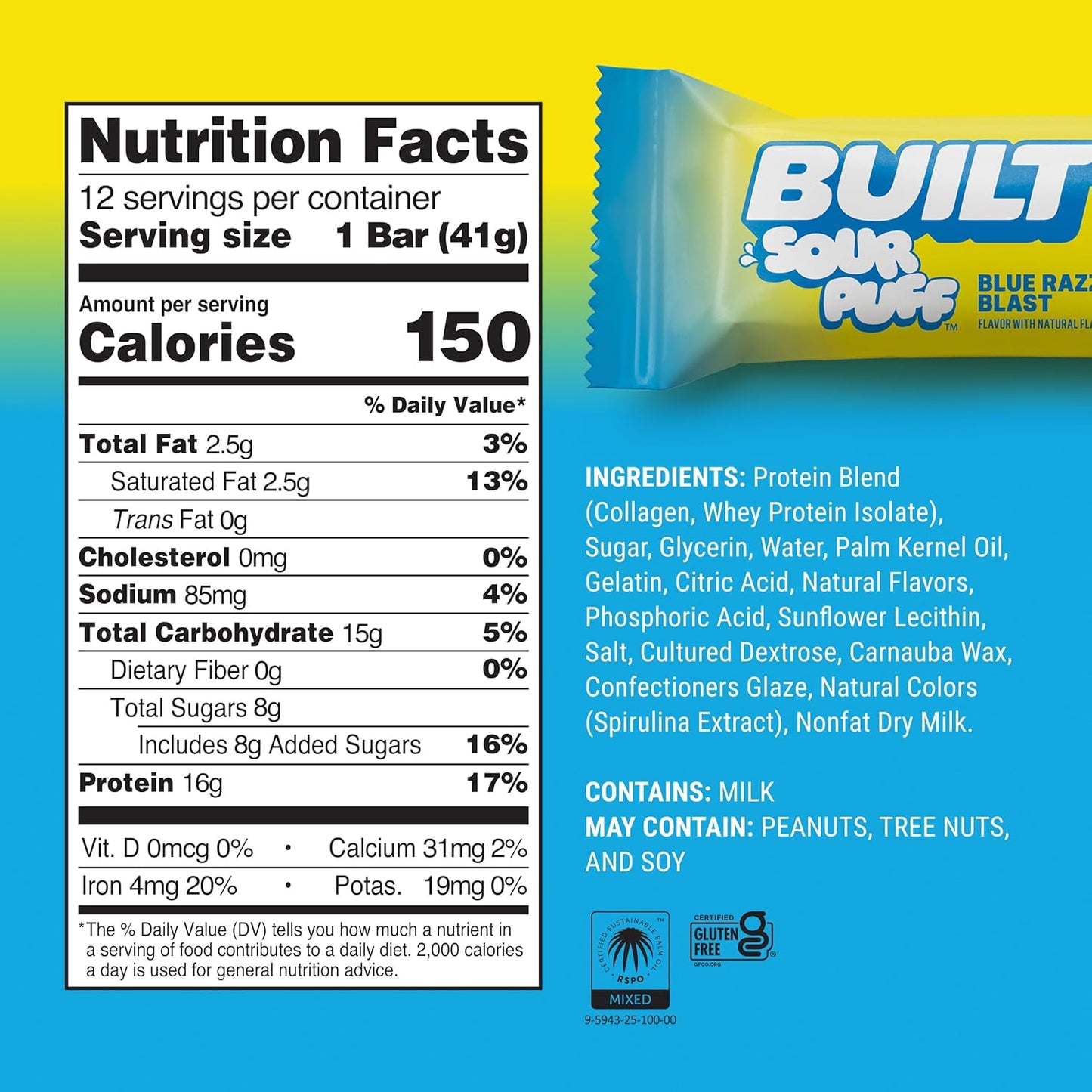BUILT Sour Puff Protein Bars - Blue Razz Blast - 16G Protein - Collagen - 12CT