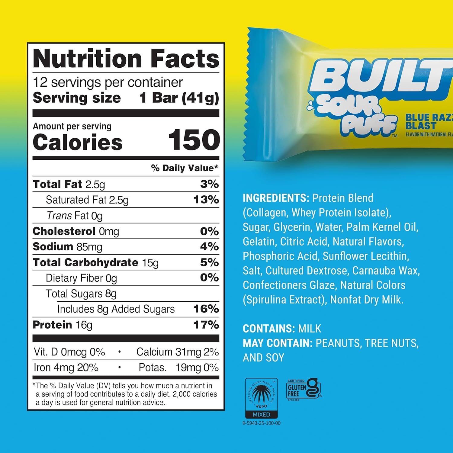 BUILT Sour Puff Protein Bars - Blue Razz Blast - 16G Protein - Collagen - 12CT