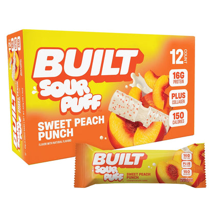 BUILT Sour Puff Protein Bars - Sweet Peach Punch - 16G Protein - Collagen -12CT