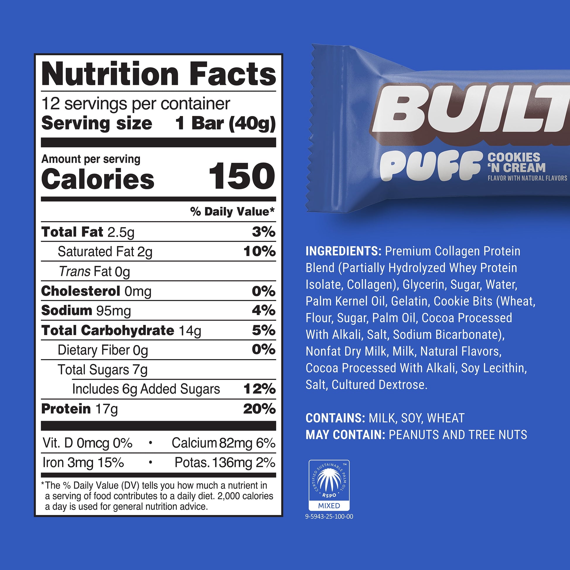 BUILT Puff Protein Bars - Cookies 'N Cream - 17G Protein - Collagen - 12CT