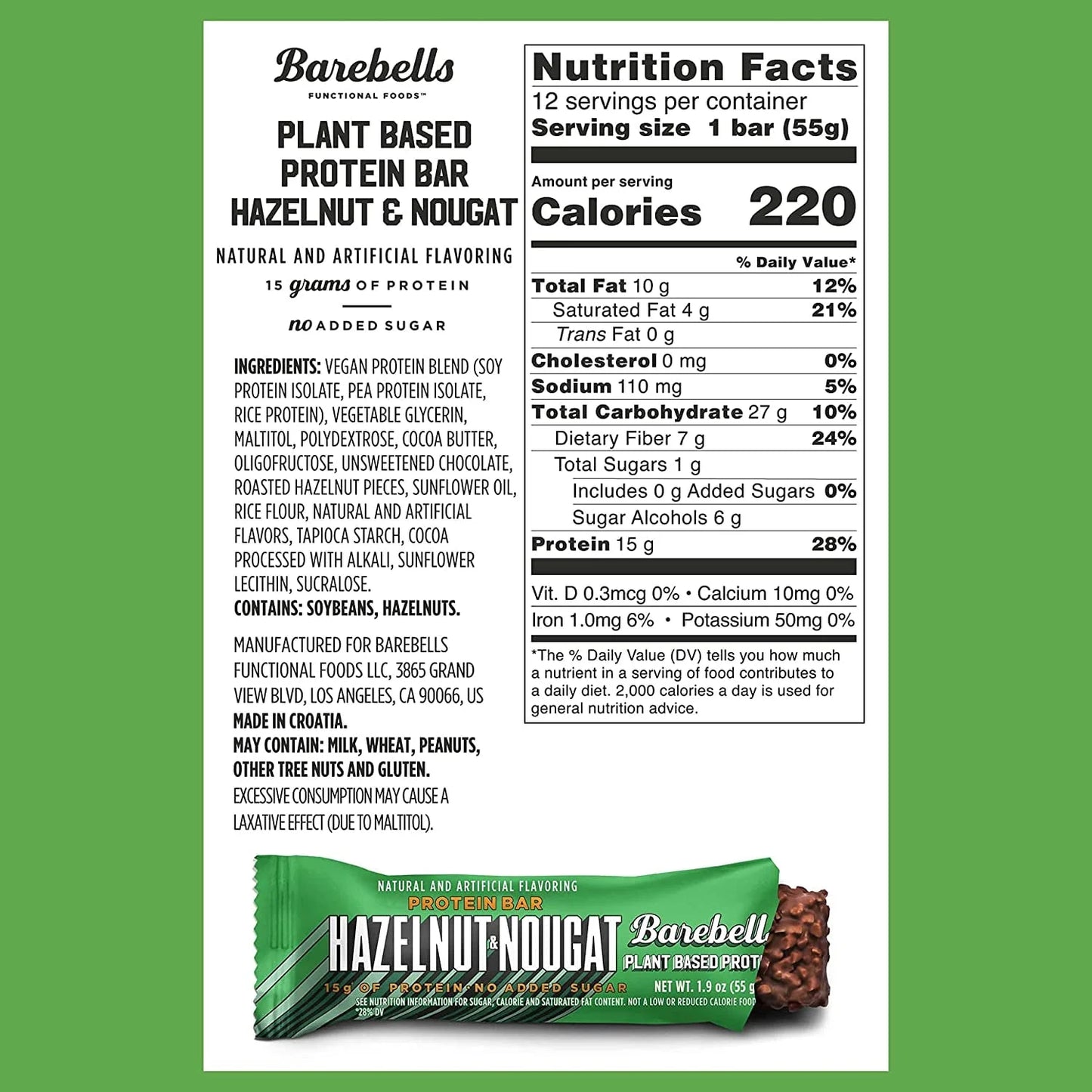 Barebells - Vegan Protein Bars - Hazelnut & Nougat - Plant Based - 15G Protein - 12CT