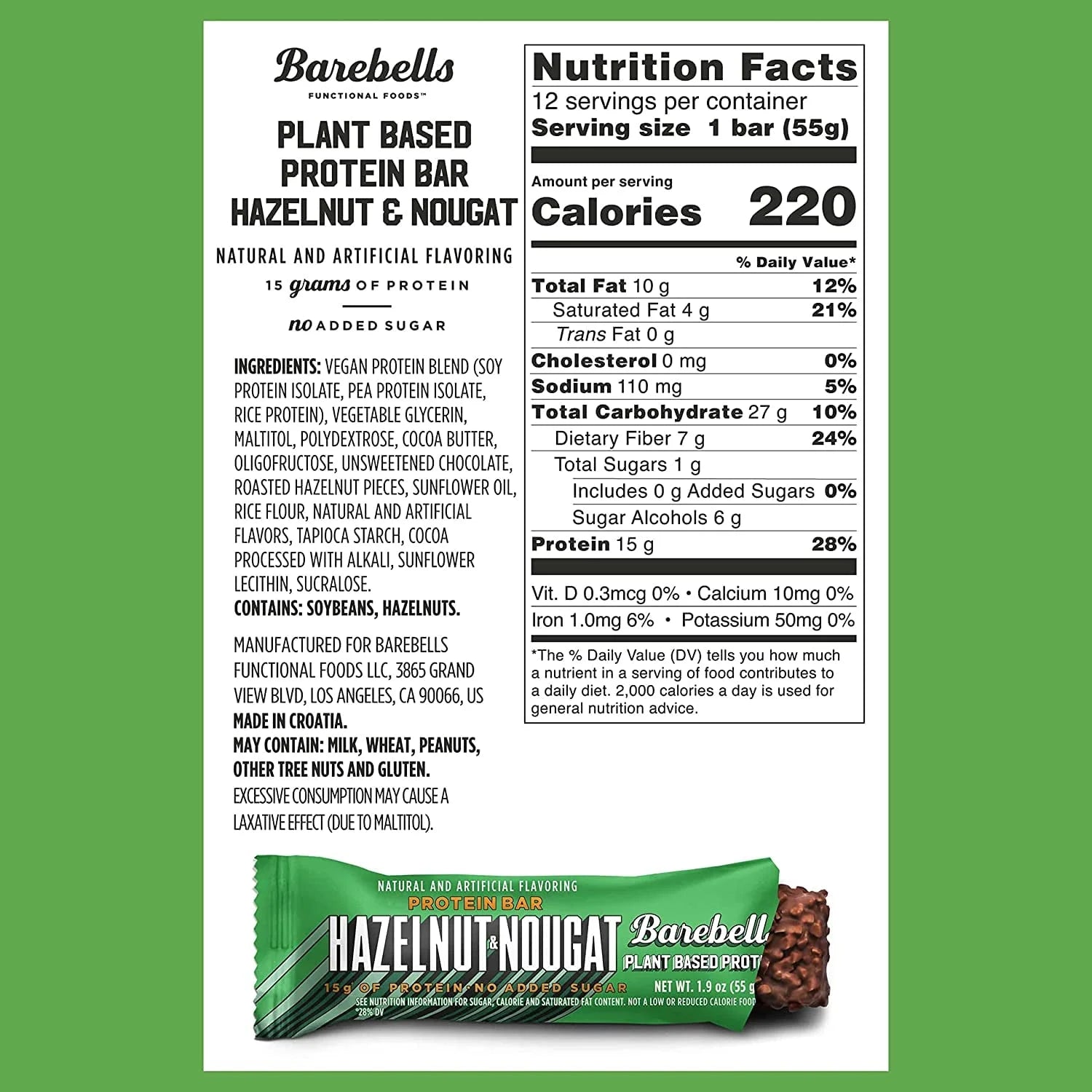 Barebells - Vegan Protein Bars - Hazelnut & Nougat - Plant Based - 15G Protein - 12CT