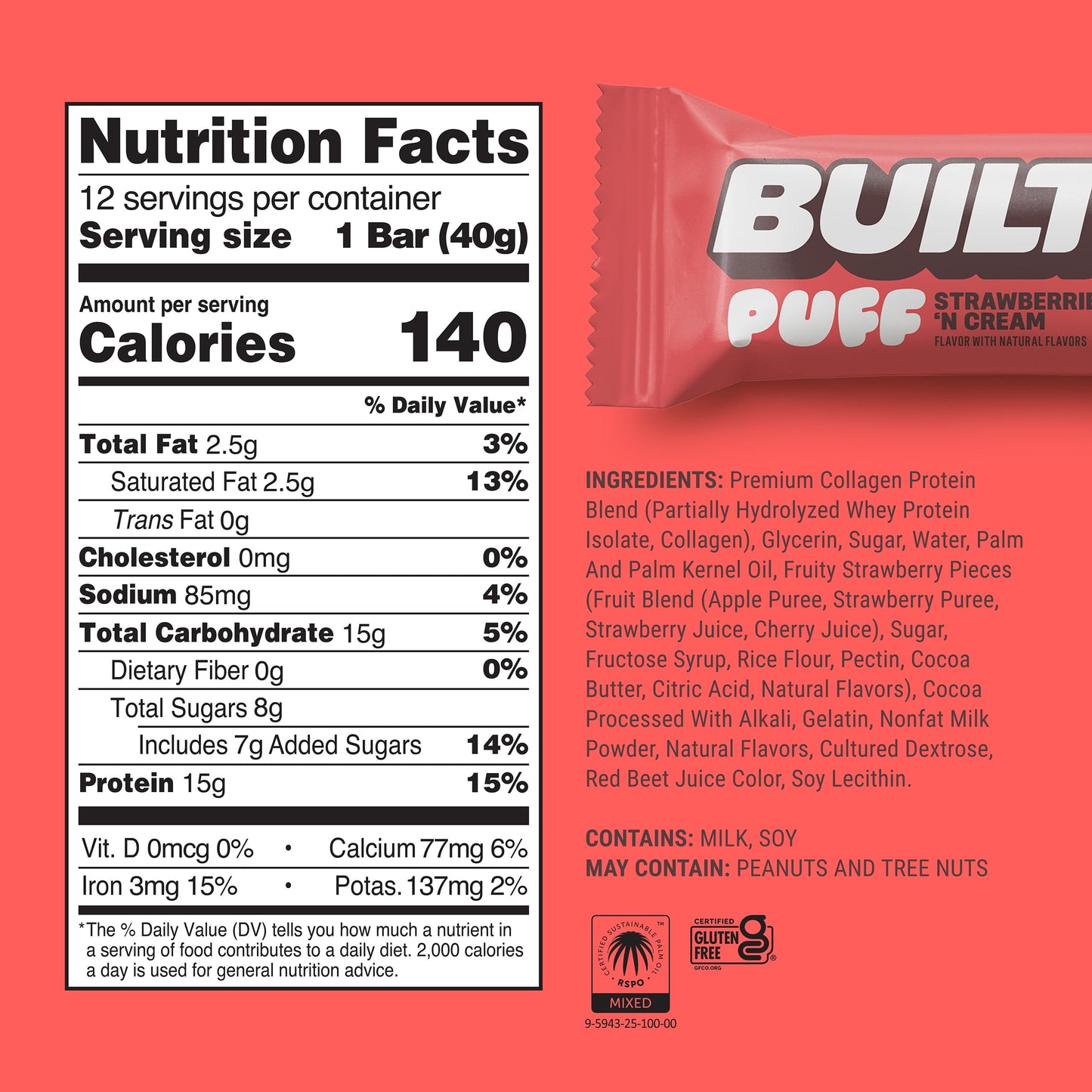 BUILT Puff Protein Bars - Strawberries 'N Cream - 15G Protein - Collagen - 12CT