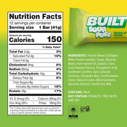BUILT Sour Puff Protein Bars - Green Apple Crush - 16G Protein - Collagen - 12CT