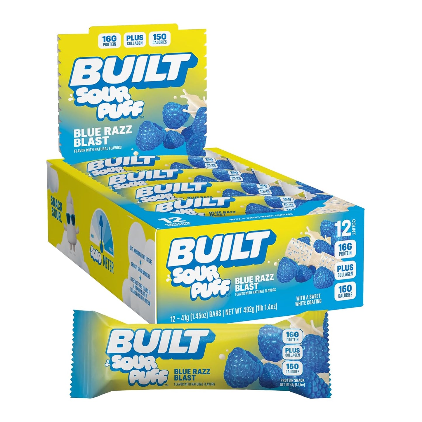 BUILT Sour Puff Protein Bars - Blue Razz Blast - 16G Protein - Collagen - 12CT
