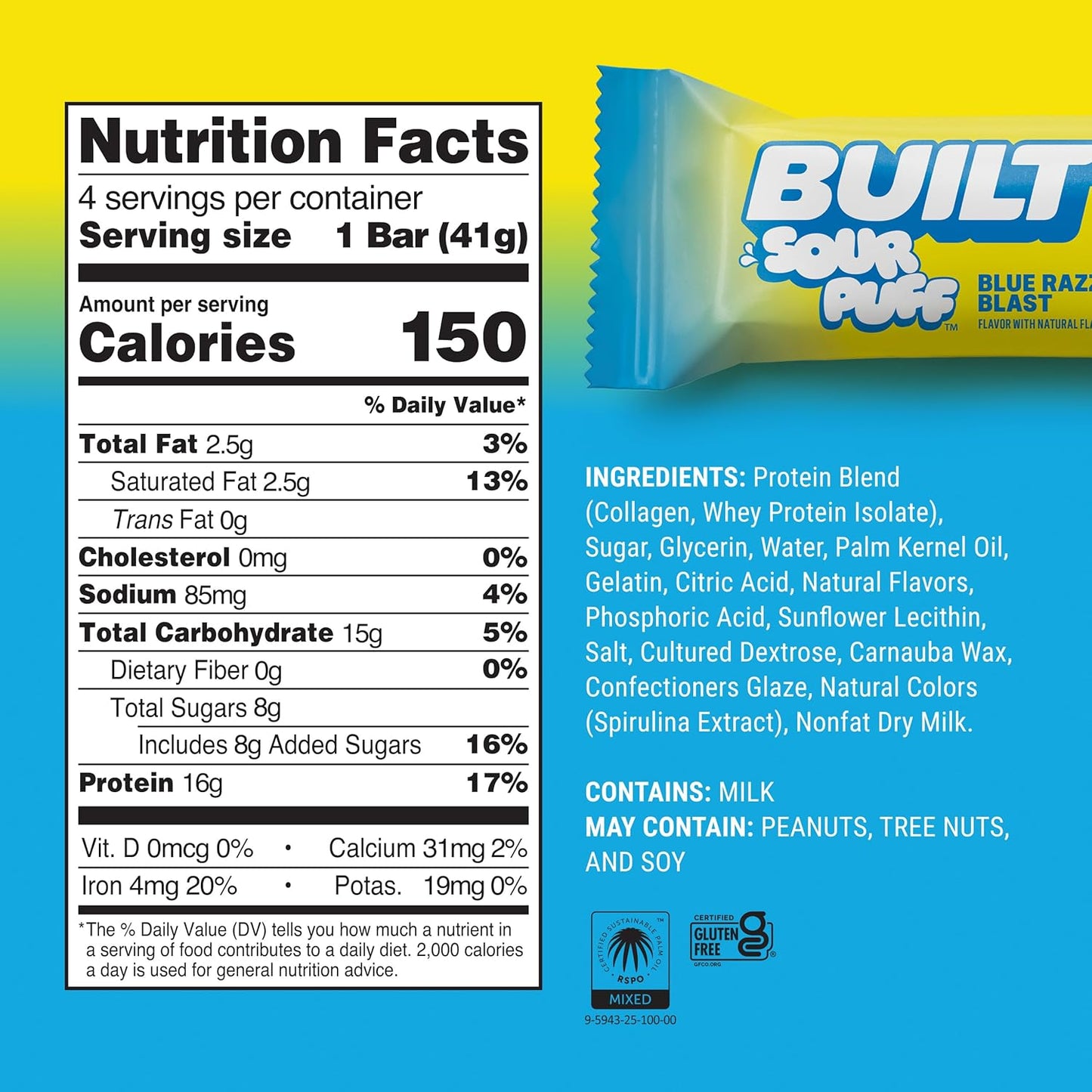 BUILT Sour Puff Protein Bars - Variety Pack - 16G Protein - Collagen - 12CT