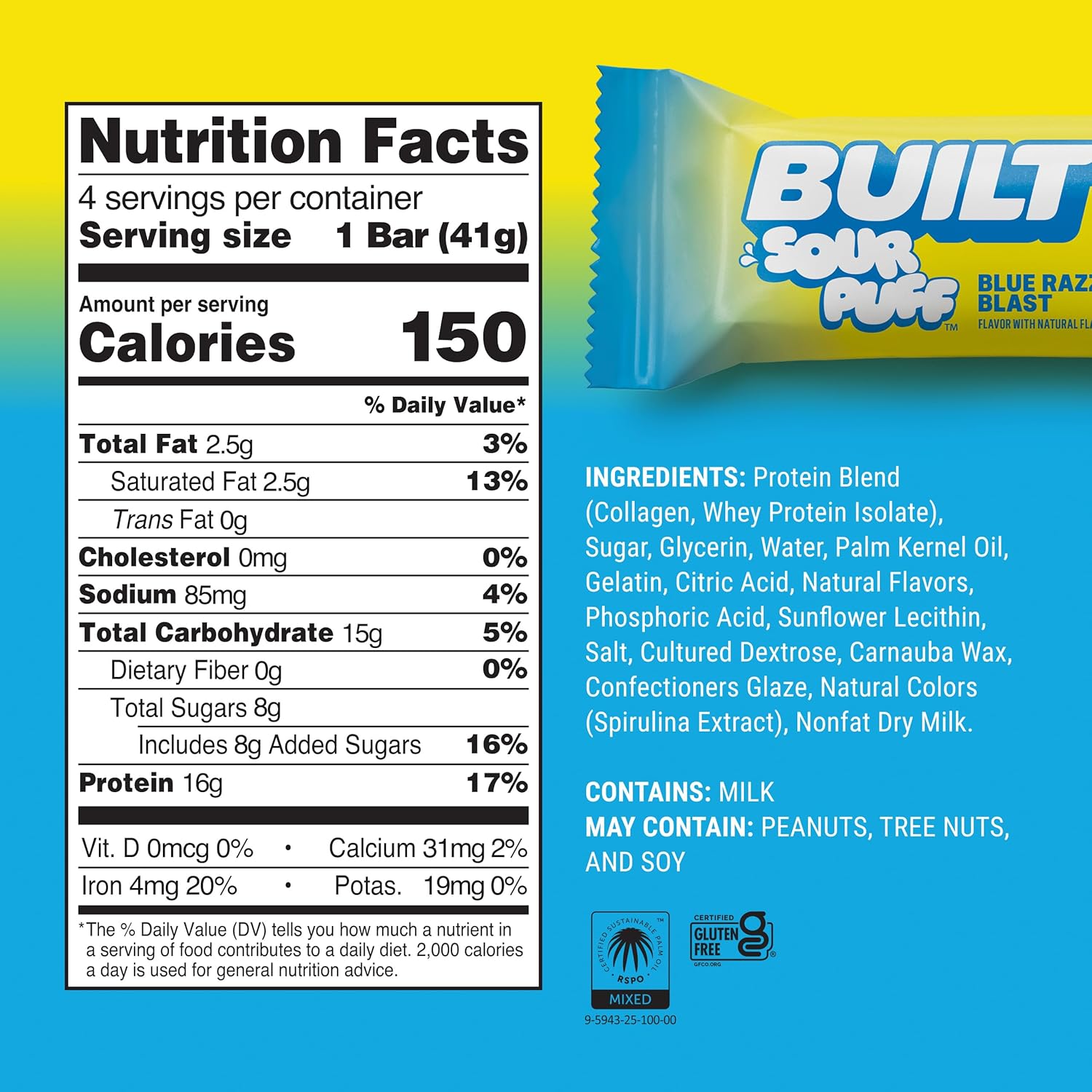 BUILT Sour Puff Protein Bars - Variety Pack - 16G Protein - Collagen - 12CT