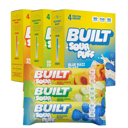 BUILT Sour Puff Protein Bars - Variety Pack - 16G Protein - Collagen - 12CT