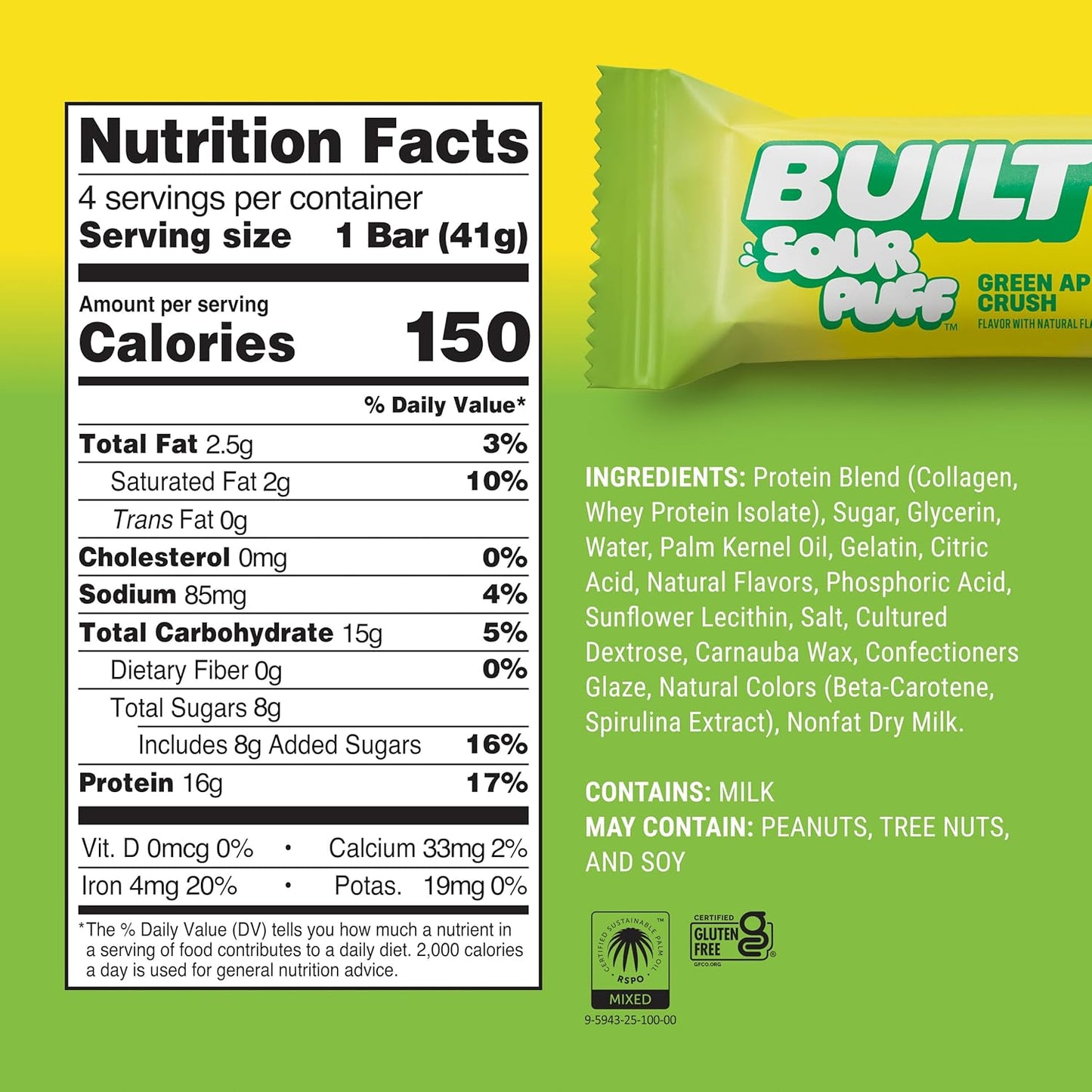 BUILT Sour Puff Protein Bars - Variety Pack - 16G Protein - Collagen - 12CT