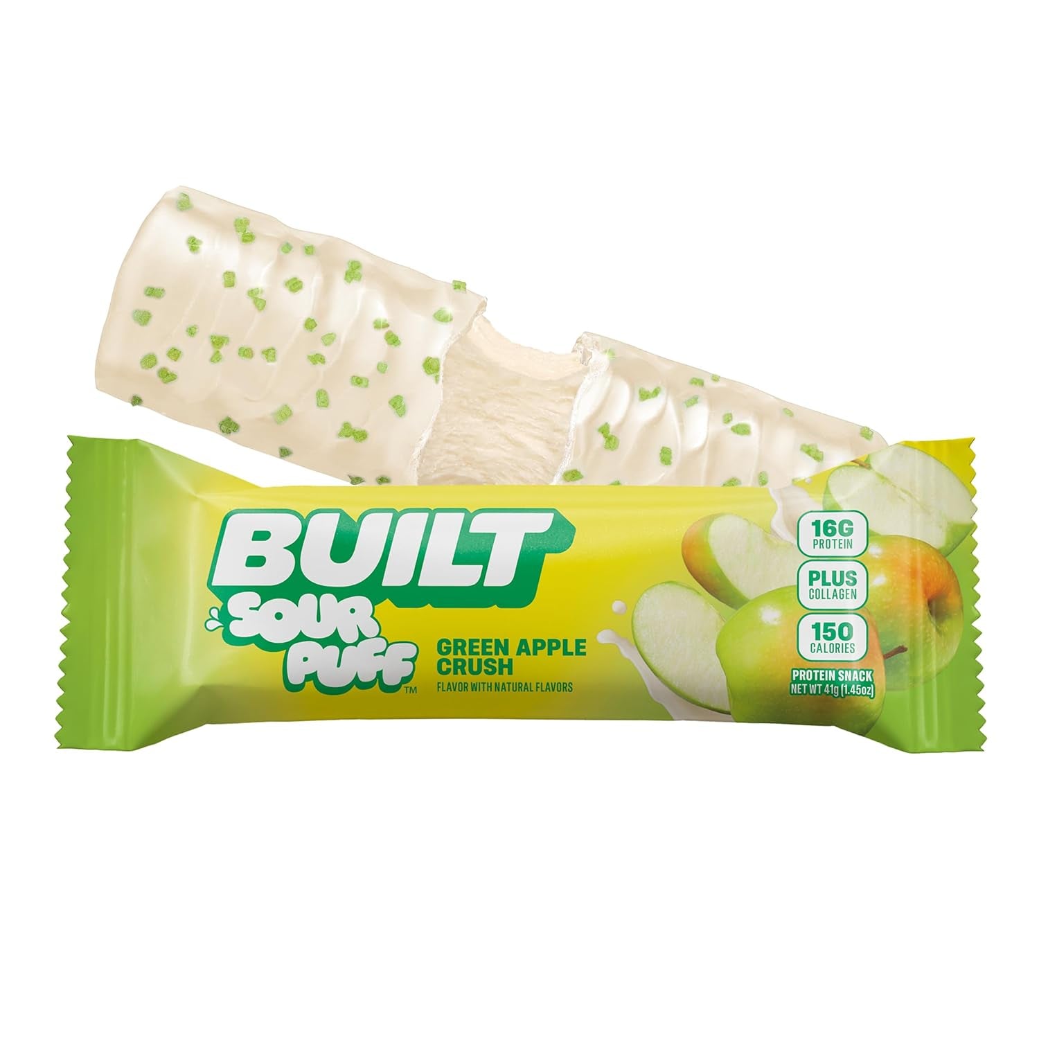 BUILT Sour Puff Protein Bars - Green Apple Crush - 16G Protein - Collagen - 12CT