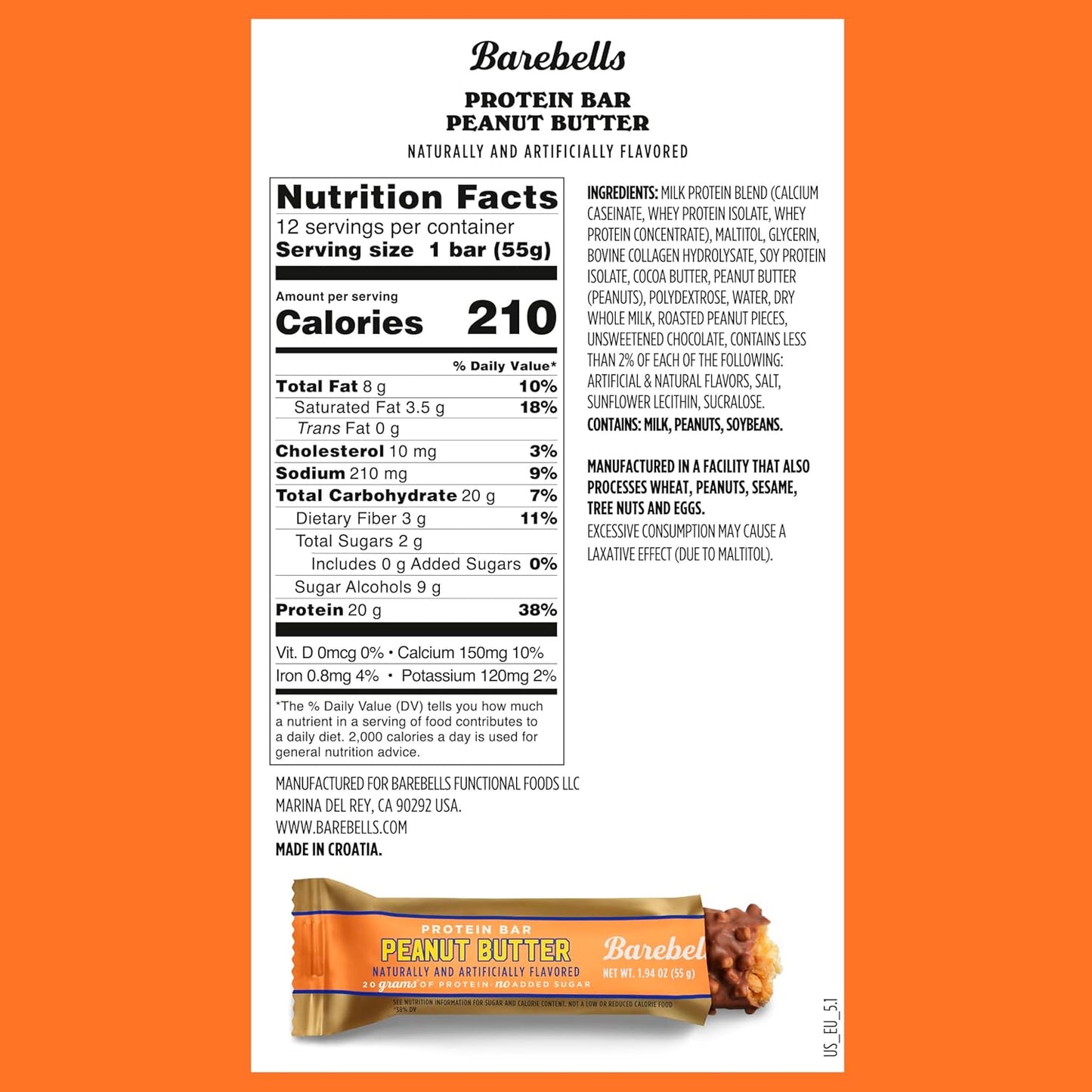 Barebells - Protein Bars - Peanut Butter - 20G Protein - 12CT