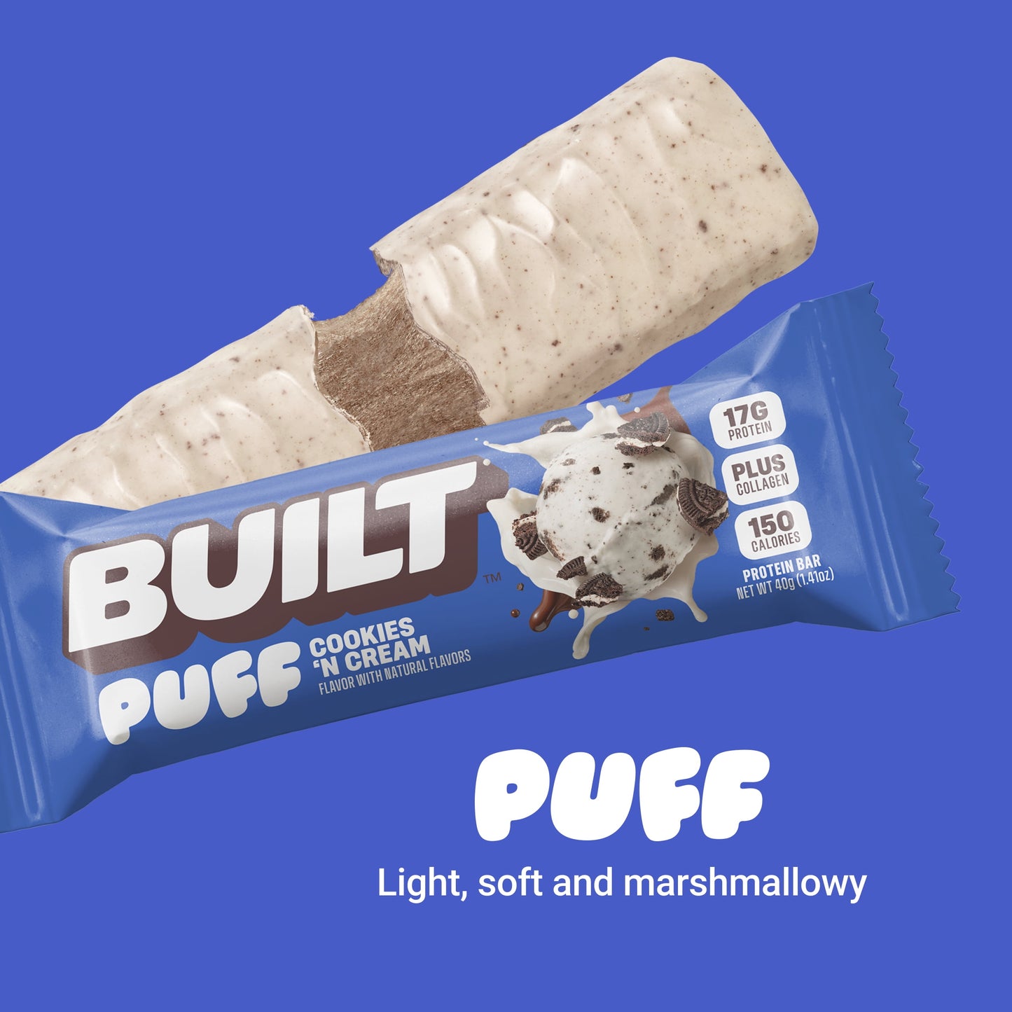 BUILT Puff Protein Bars - Cookies 'N Cream - 17G Protein - Collagen - 12CT
