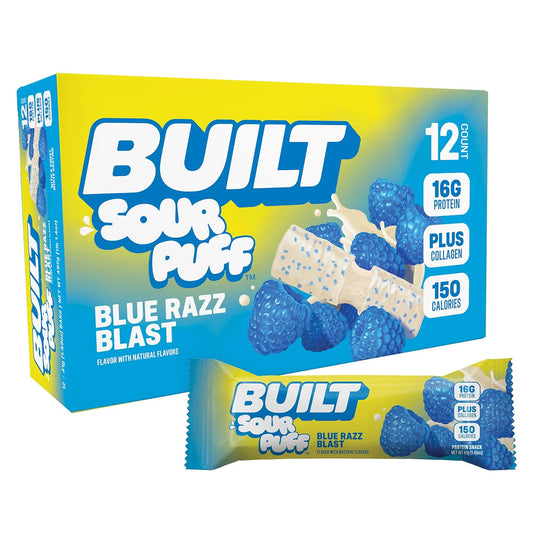 BUILT Sour Puff Protein Bars - Blue Razz Blast - 16G Protein - Collagen - 12CT