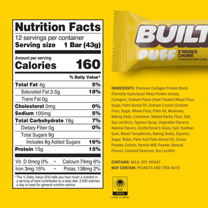 BUILT Puff Protein Bars - Banana Cream Pie - 17G Protein - Collagen - 12CT