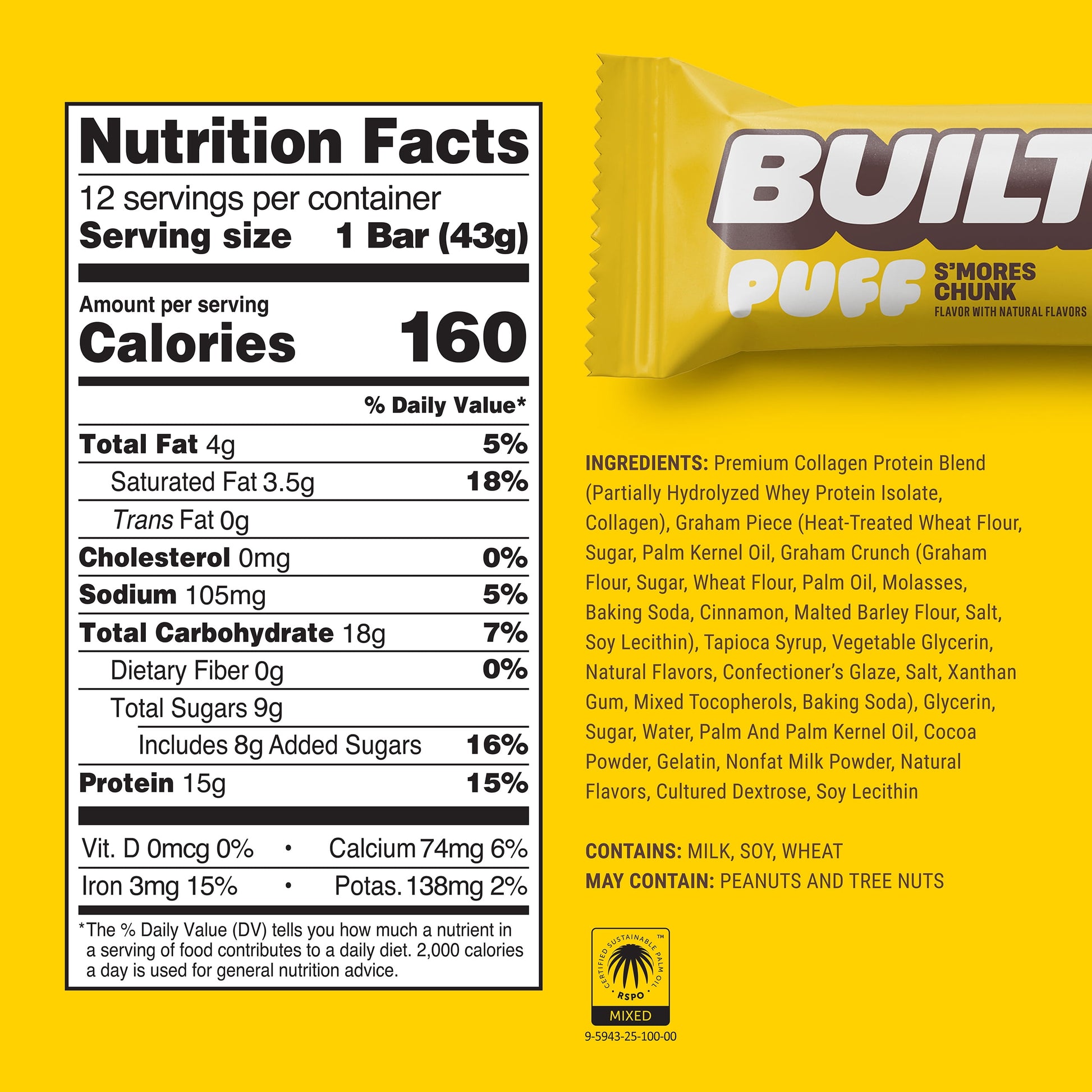 BUILT Puff Protein Bars - S'Mores Chunk Puff - 15G Protein - Collagen - 12CT