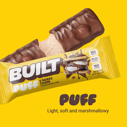 BUILT Puff Protein Bars - S'Mores Chunk Puff - 15G Protein - Collagen - 12CT