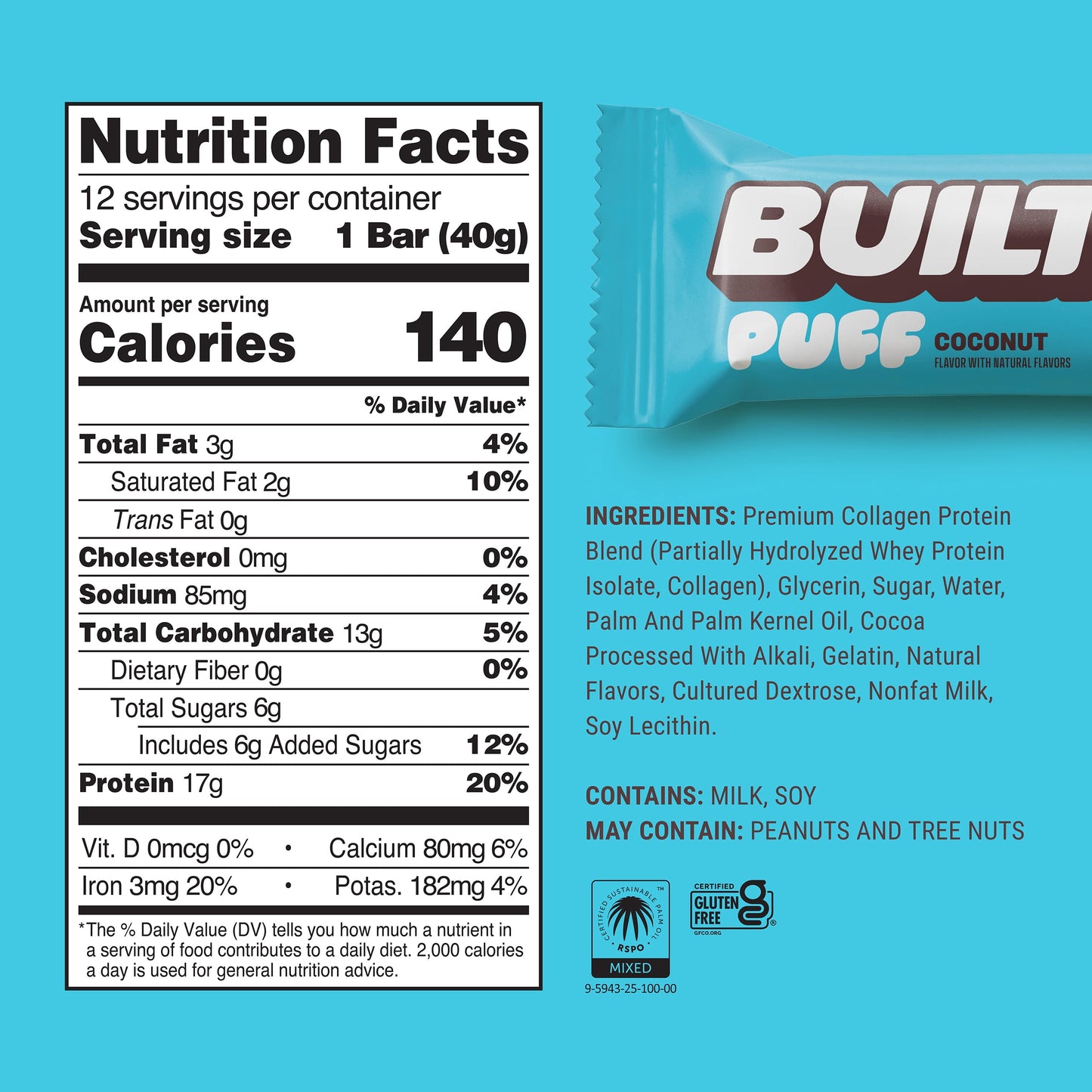 BUILT Puff Protein Bars - Coconut - 17G Protein - Collagen - 12CT