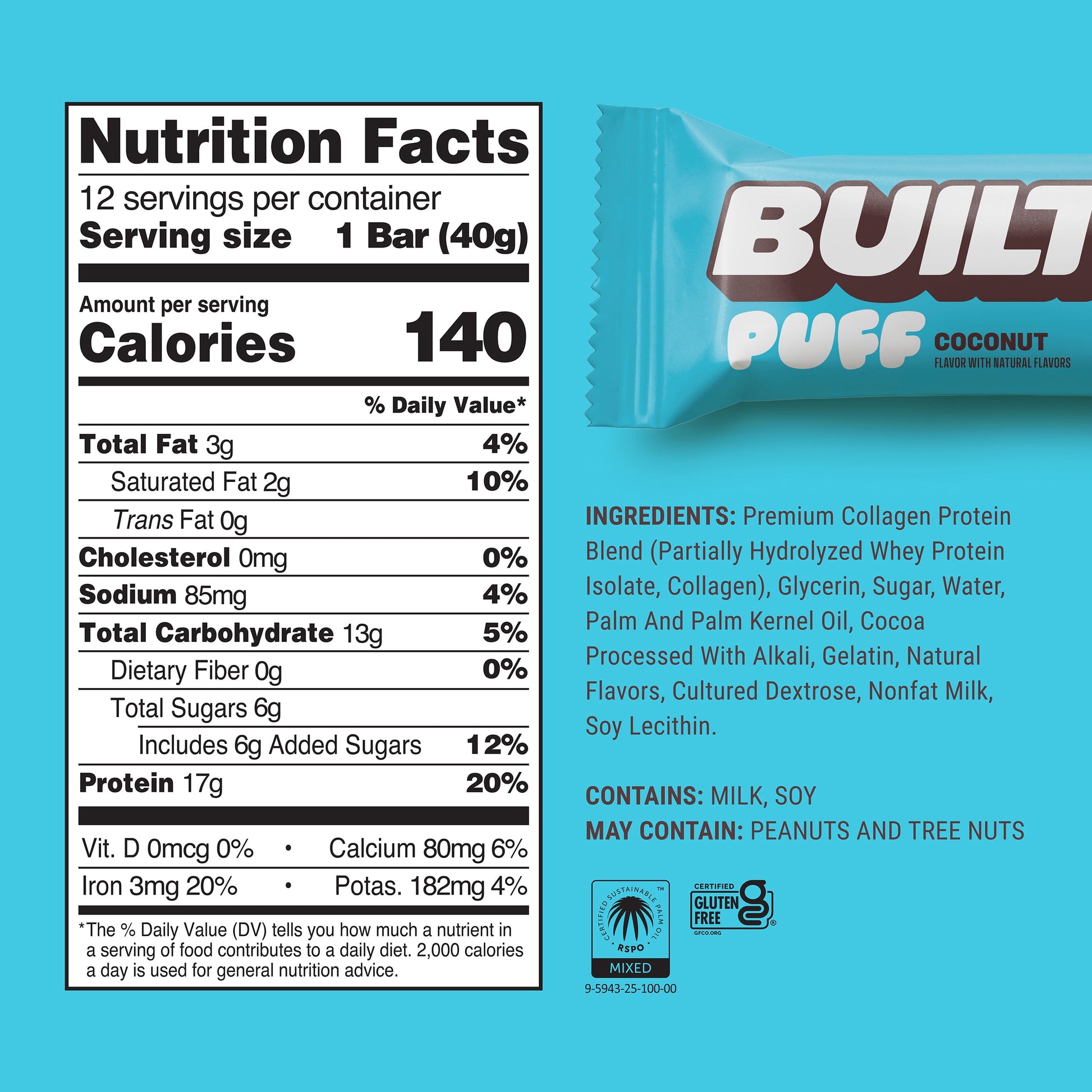 BUILT Puff Protein Bars - Coconut - 17G Protein - Collagen - 12CT