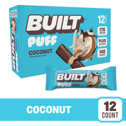 BUILT Puff Protein Bars - Coconut - 17G Protein - Collagen - 12CT