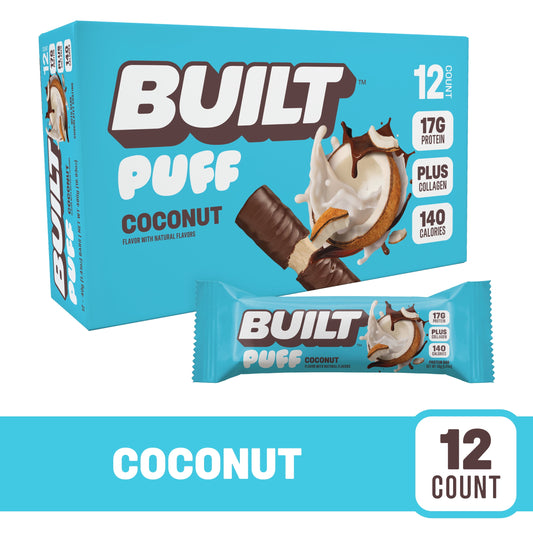 BUILT Puff Protein Bars - Coconut - 17G Protein - Collagen - 12CT