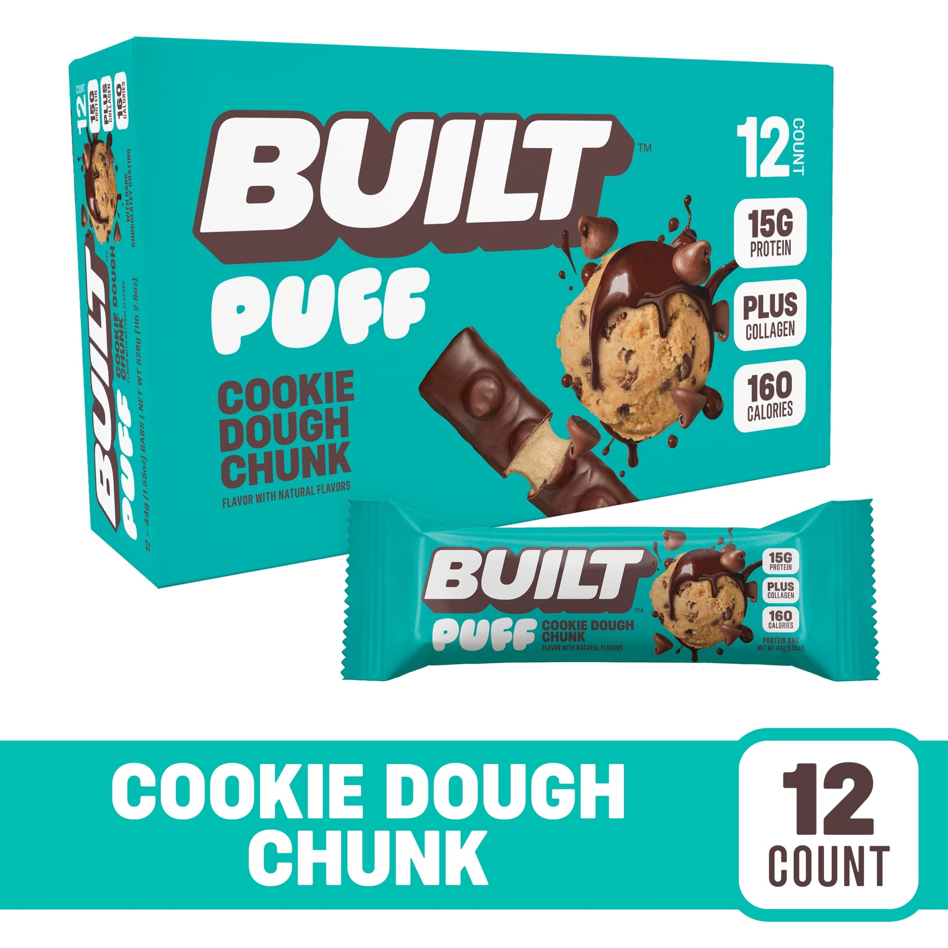 BUILT Puff Protein Bars - Cookie Dough Chunk - 17G Protein - Collagen - 12CT