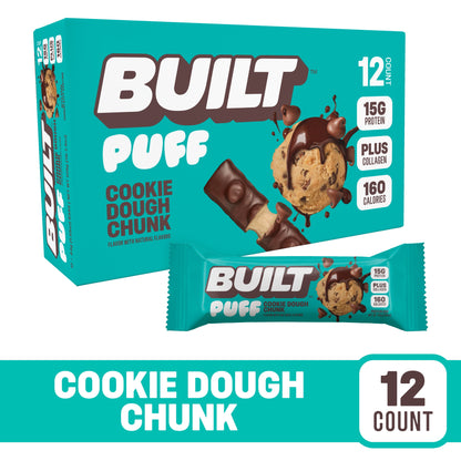 BUILT Puff Protein Bars - Cookie Dough Chunk - 17G Protein - Collagen - 12CT