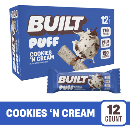 BUILT Puff Protein Bars - Cookies 'N Cream - 17G Protein - Collagen - 12CT