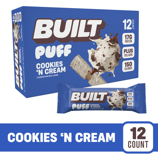 BUILT Puff Protein Bars - Cookies 'N Cream - 17G Protein - Collagen - 12CT