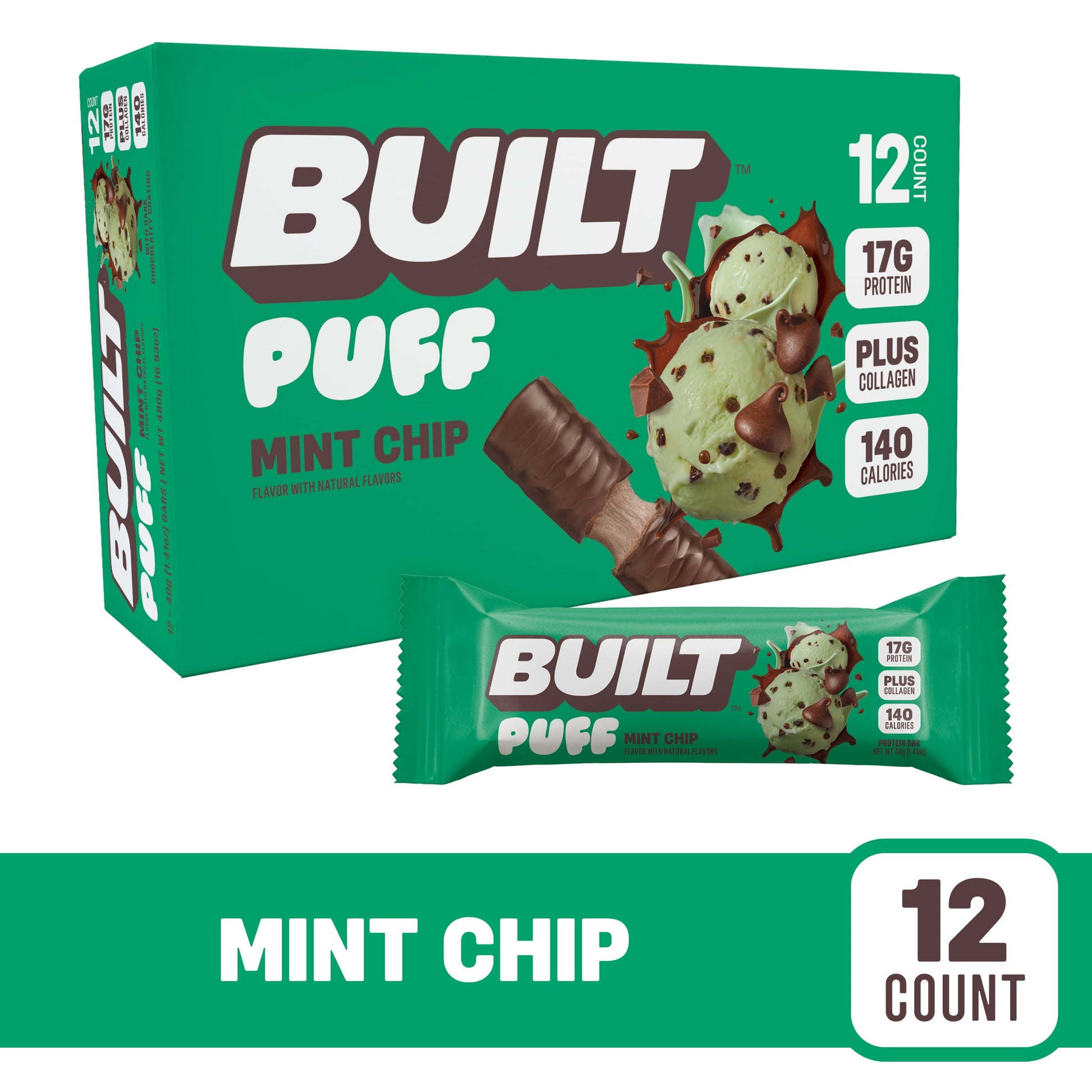 , Puff Protein Snack Bars, Mint Chip, 17G Protein, Collagen, Gluten Free, 12Ct Box