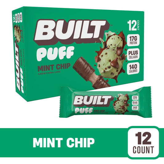, Puff Protein Snack Bars, Mint Chip, 17G Protein, Collagen, Gluten Free, 12Ct Box