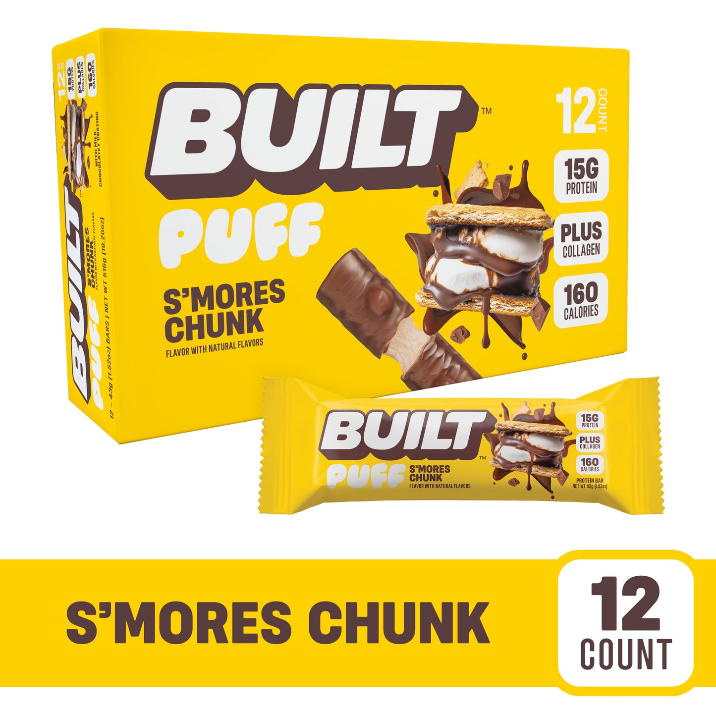 BUILT Puff Protein Bars - S'Mores Chunk Puff - 15G Protein - Collagen - 12CT