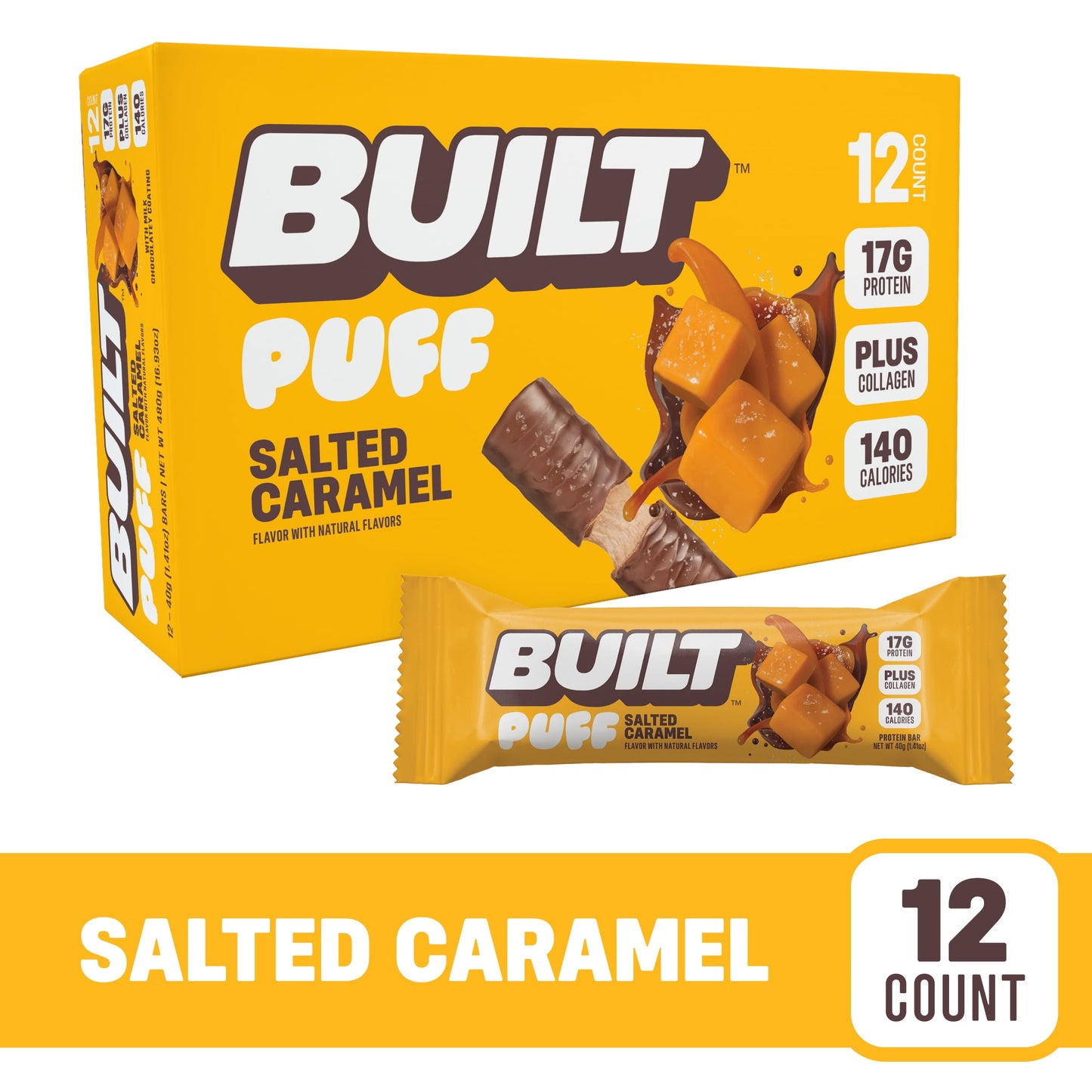 BUILT Puff Protein Bars - Salted Caramel - 17G Protein - Collagen - 12CT
