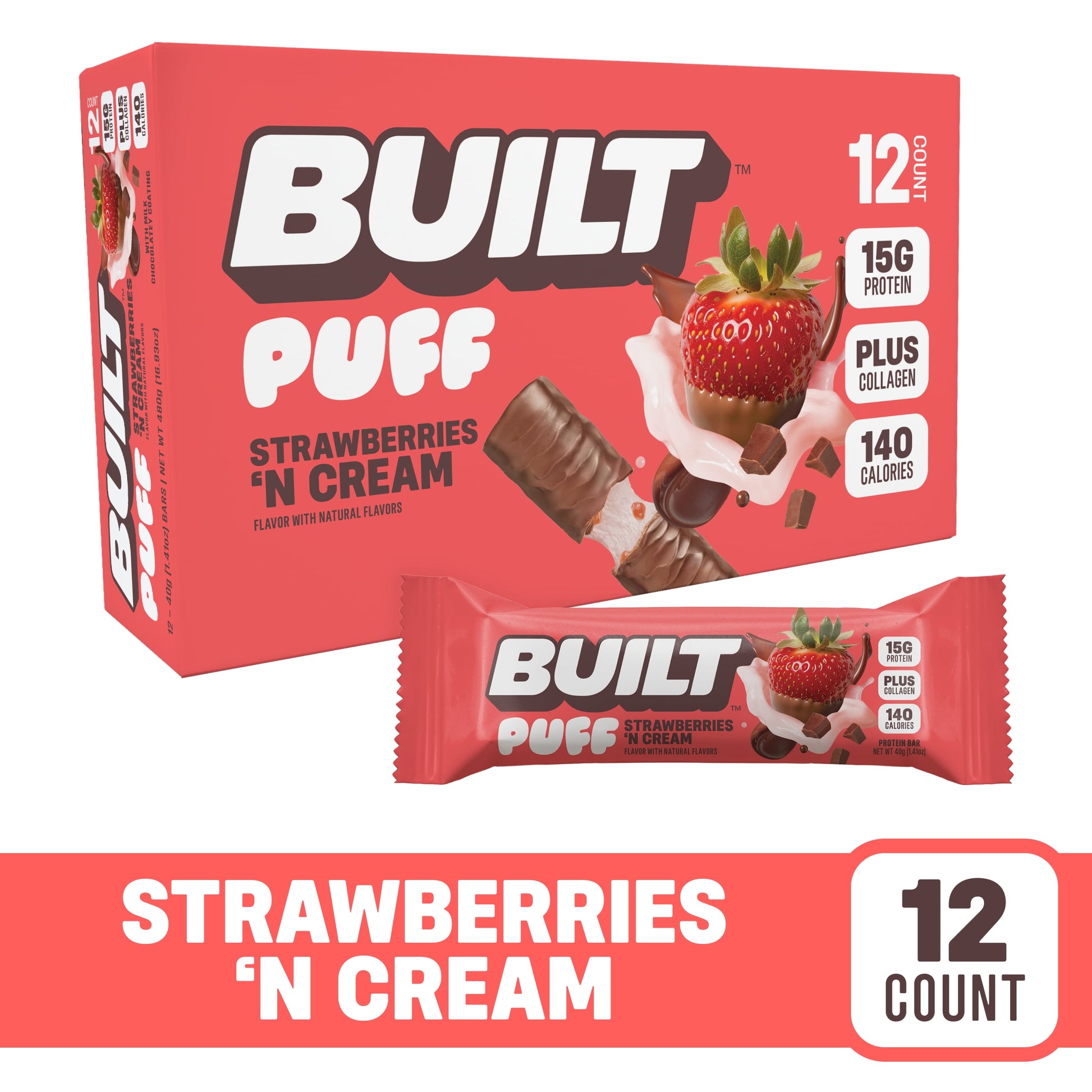 BUILT Puff Protein Bars - Strawberries 'N Cream - 15G Protein - Collagen - 12CT