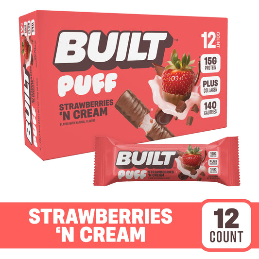 BUILT Puff Protein Bars - Strawberries 'N Cream - 15G Protein - Collagen - 12CT