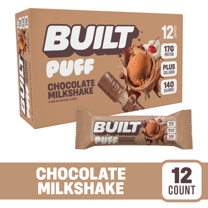 BUILT Puff Protein Bars - Chocolate Milkshake - 17G Protein - Collagen - 12CT