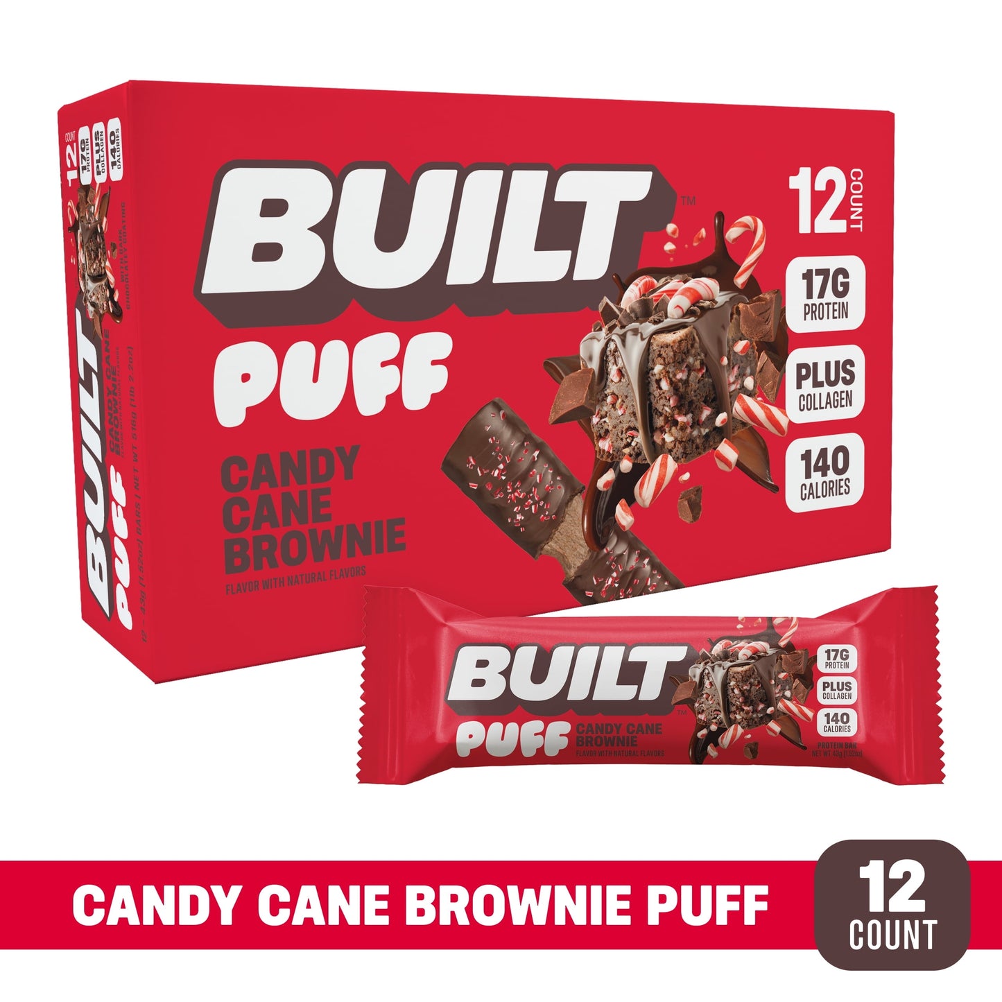 BUILT Puff Protein Bars - Candy Cane Brownie - 17G Protein - Collagen - 12CT