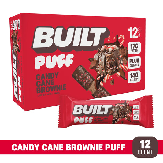 BUILT Puff Protein Bars - Candy Cane Brownie - 17G Protein - Collagen - 12CT