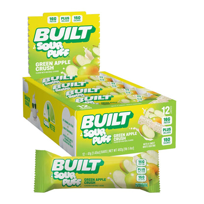 BUILT Sour Puff Protein Bars - Green Apple Crush - 16G Protein - Collagen - 12CT