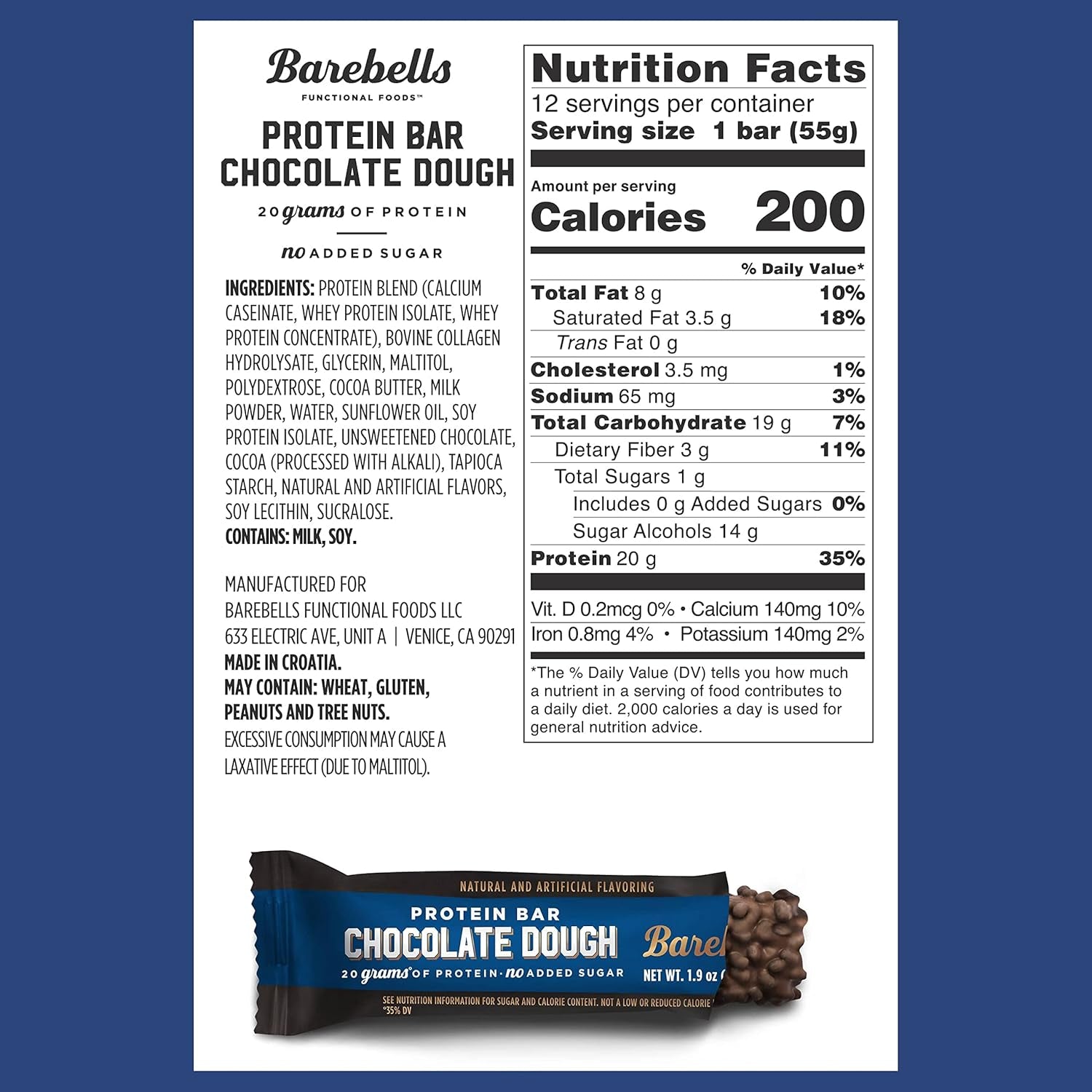 Barebells - Protein Bars - Chocolate Dough - 20G Protein - 12CT