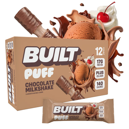 BUILT Puff Protein Bars - Chocolate Milkshake - 17G Protein - Collagen - 12CT