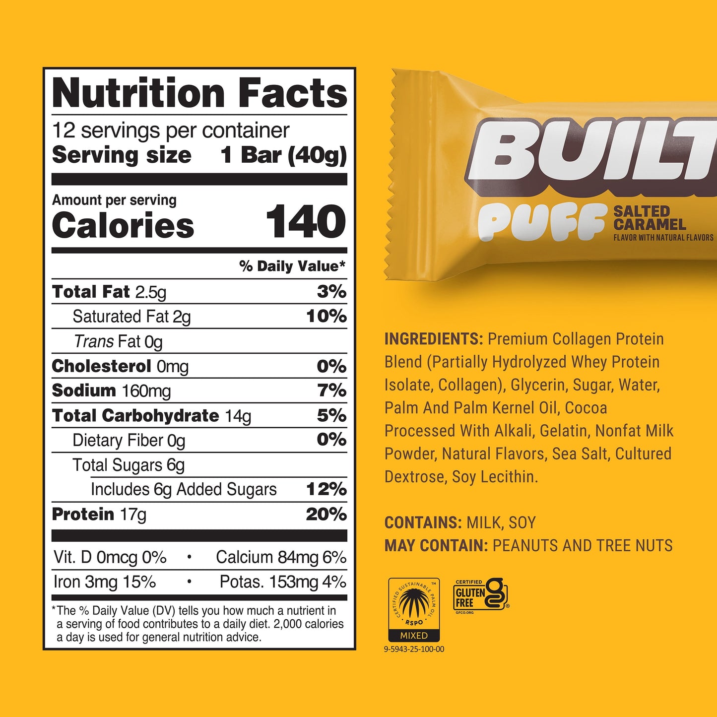 BUILT Puff Protein Bars - Salted Caramel - 17G Protein - Collagen - 12CT